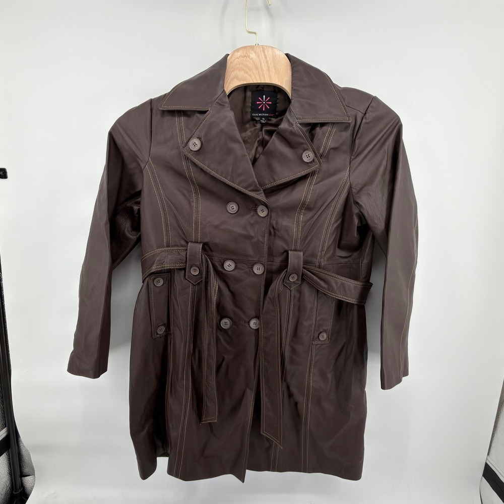 Isaac Mizrahi Live Leather Trench Coat Womens XL Brown Double Breasted Belted